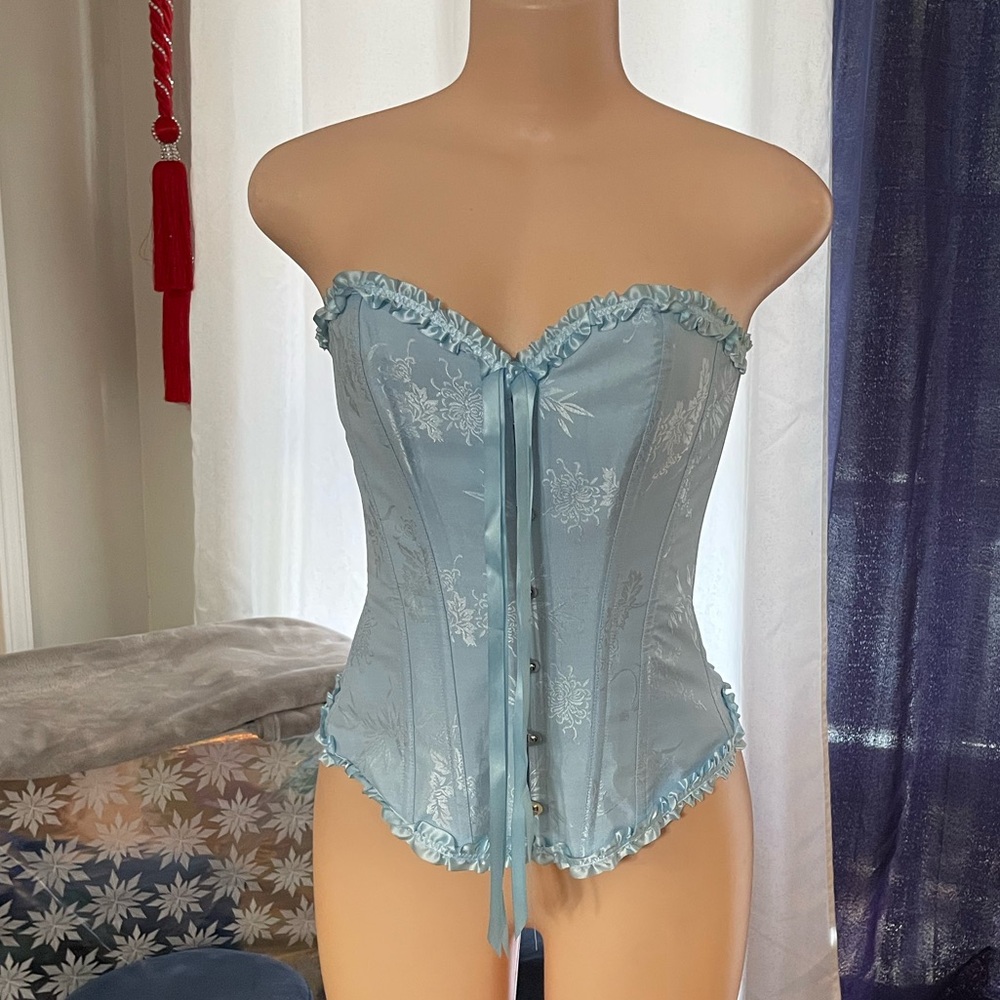 Corset blue lace, ruffle trim, women size XS bus year boning bodysuit top